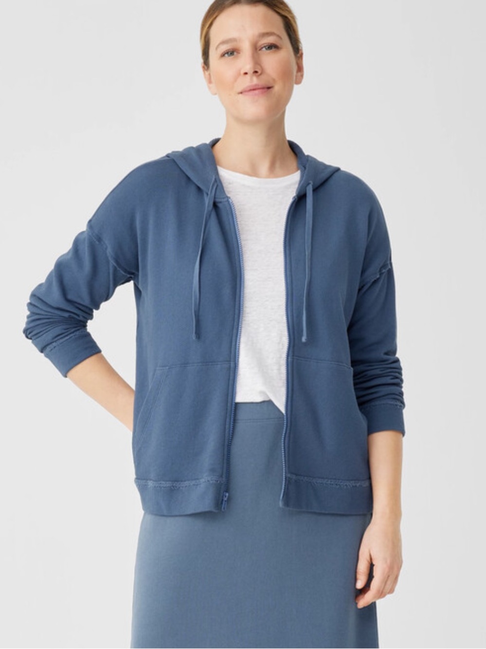 Eileen Fisher Lightweight Organic Cotton Terry Full Zip Hoodie in Dusk Size 1X